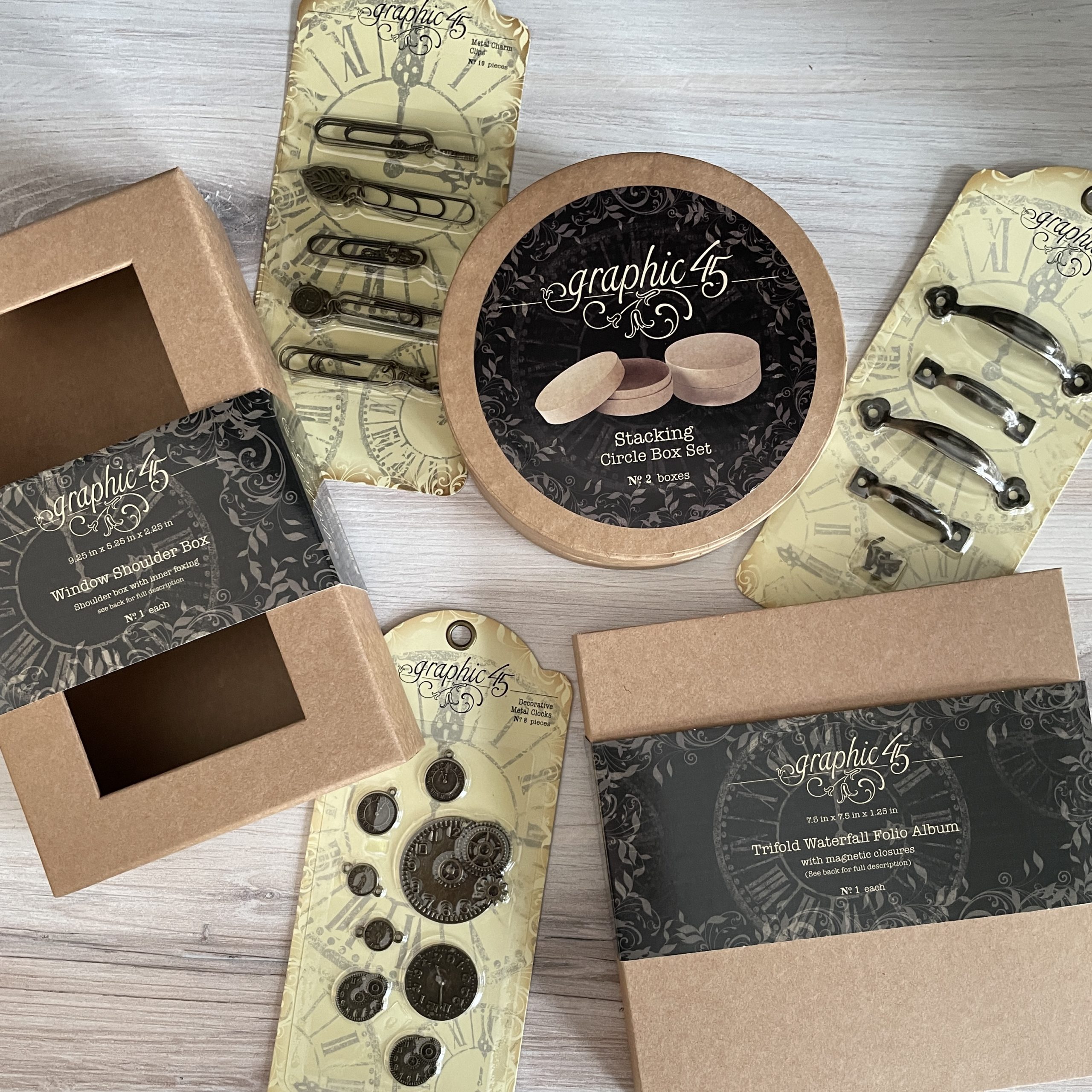 Staples, 2021, Graphic 45, Surfaces, Boxes, Circle Box, Shadow Box, Folio, Album, Metal Embellishments, Clocks, Handles, paper clips