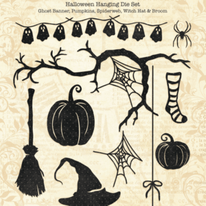 Halloween Hanging Die Set - Ghost Banner, Pumpkins, Spiderweb, Witch Hat & Broom
